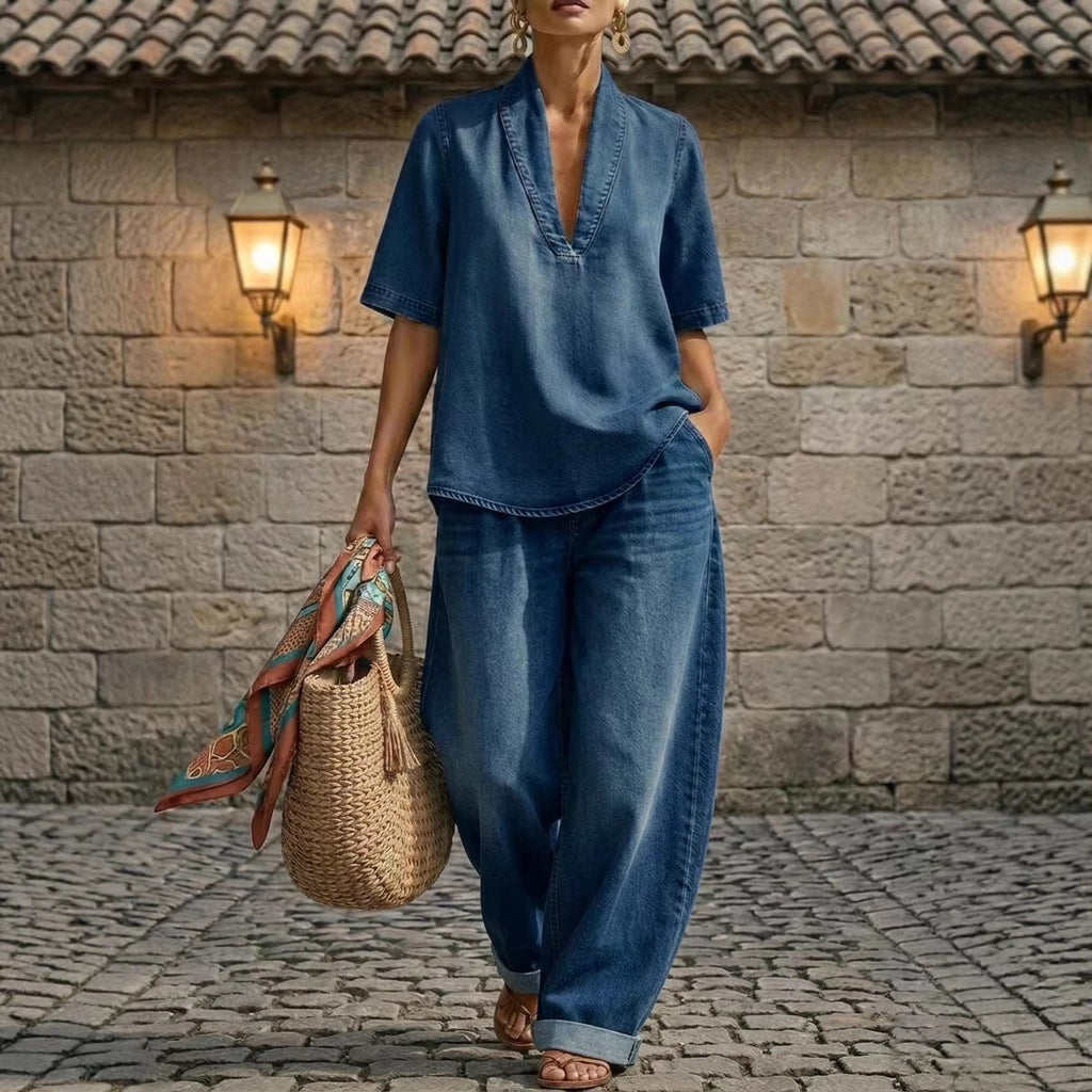 Retro V-Neck Denim Set Loose Half-Sleeve Top And Wide-Leg Pants Two-Piece