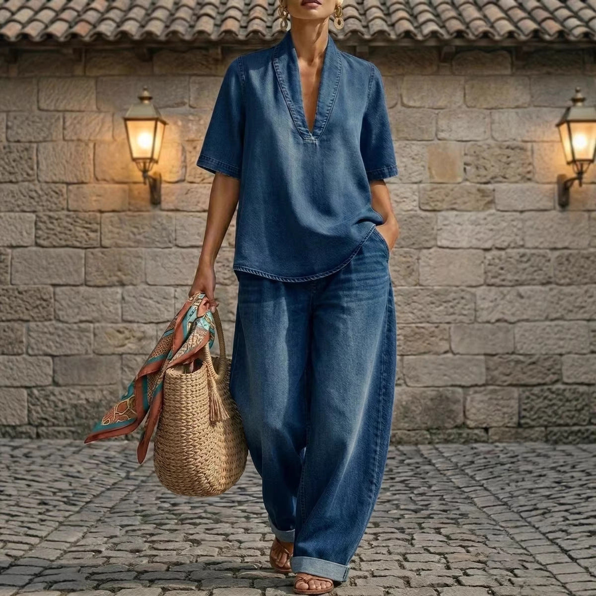 Retro V-Neck Denim Set Loose Half-Sleeve Top And Wide-Leg Pants Two-Piece