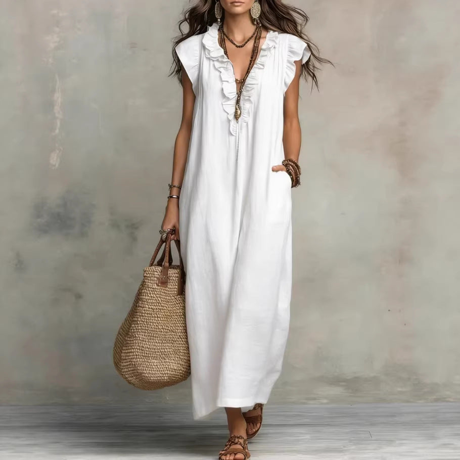 Bohemian Floor-Length Maxi Dress With Flutter Sleeves