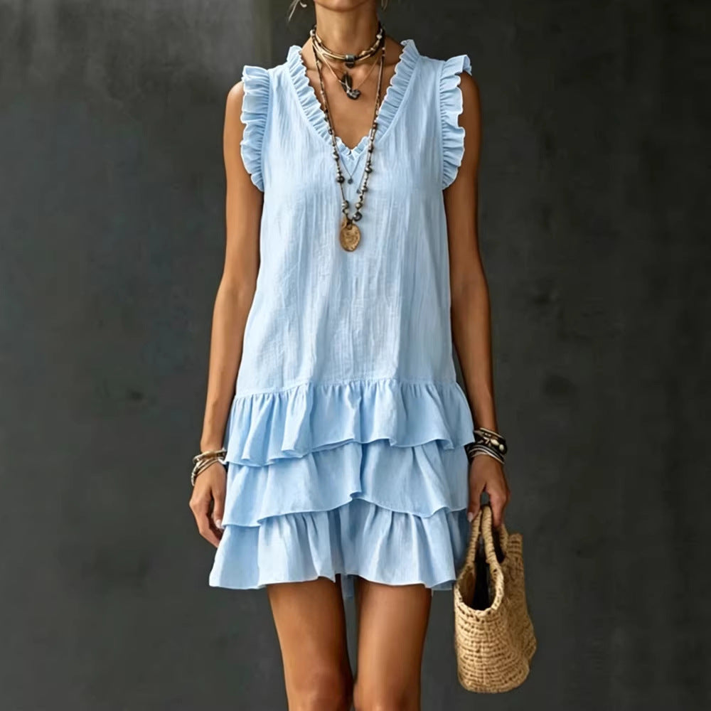Casual V-Neck Ruffle-Trim Sleeveless Dress