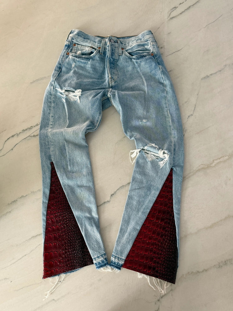 Distressed Red Croc Flare Denim Jeans