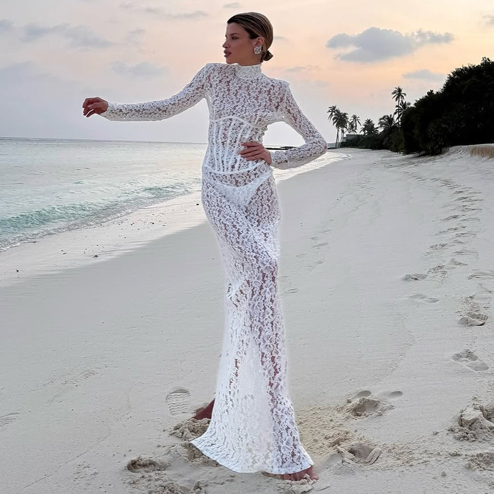 Patterned Sheer Slim-Fit Maxi Dress