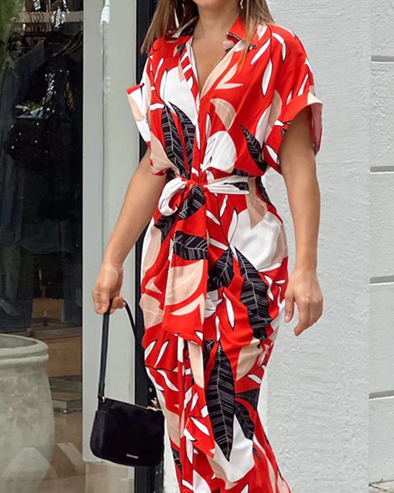 Leaf Print Lace-Up Dress