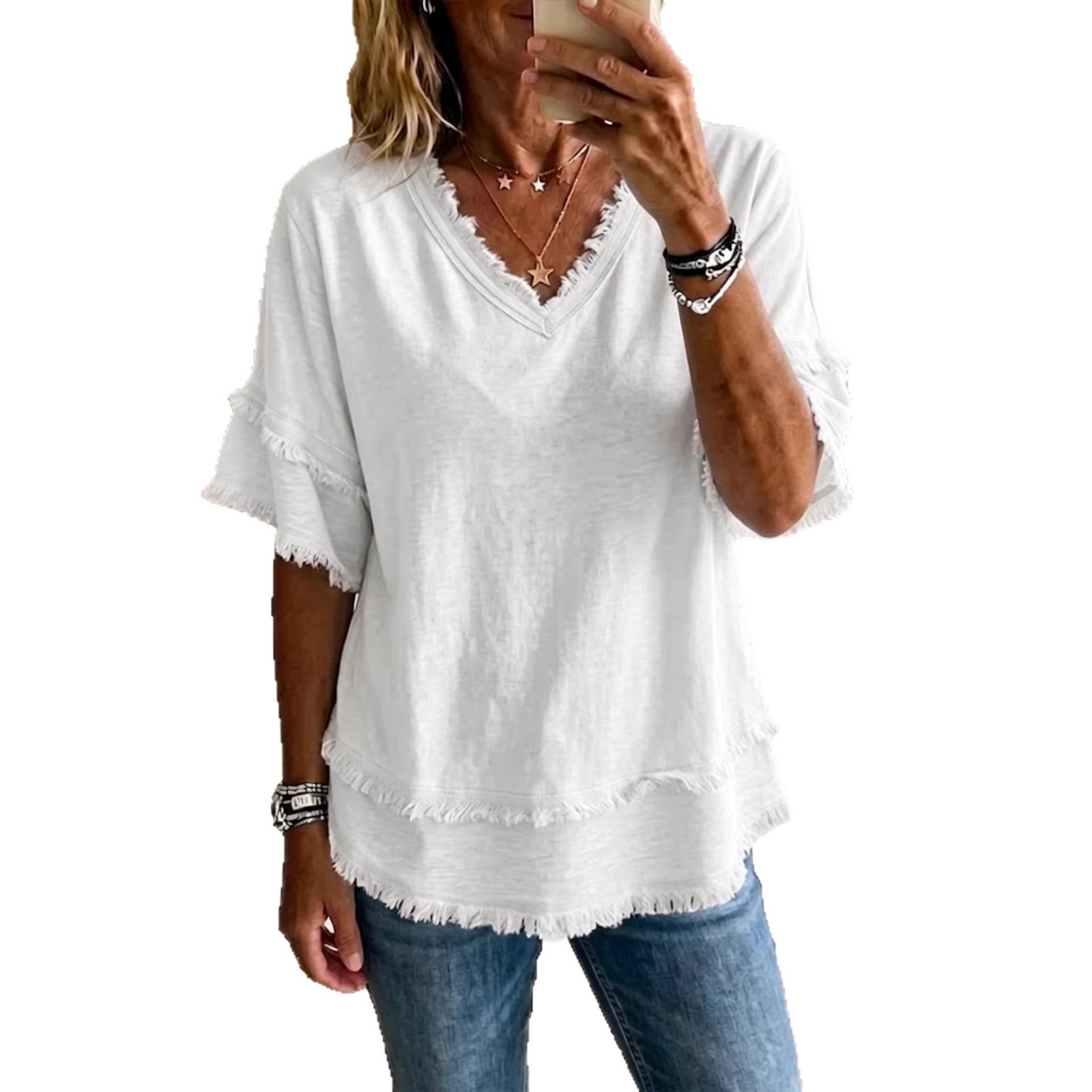 V-Neck Pullover Short-Sleeve Loose Shirt
