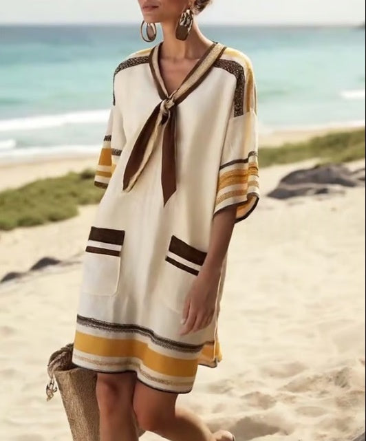 Lace-Up V-Neck Striped Print Short-Sleeve A-Line Skirt