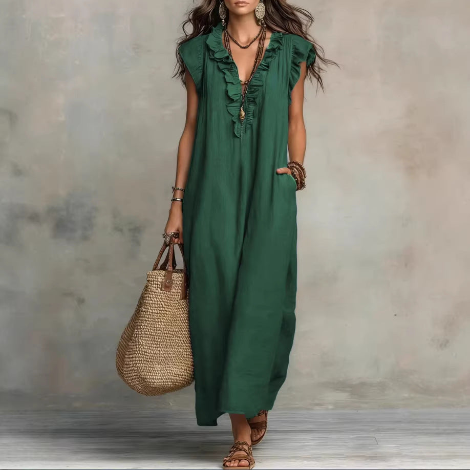 Bohemian Floor-Length Maxi Dress With Flutter Sleeves