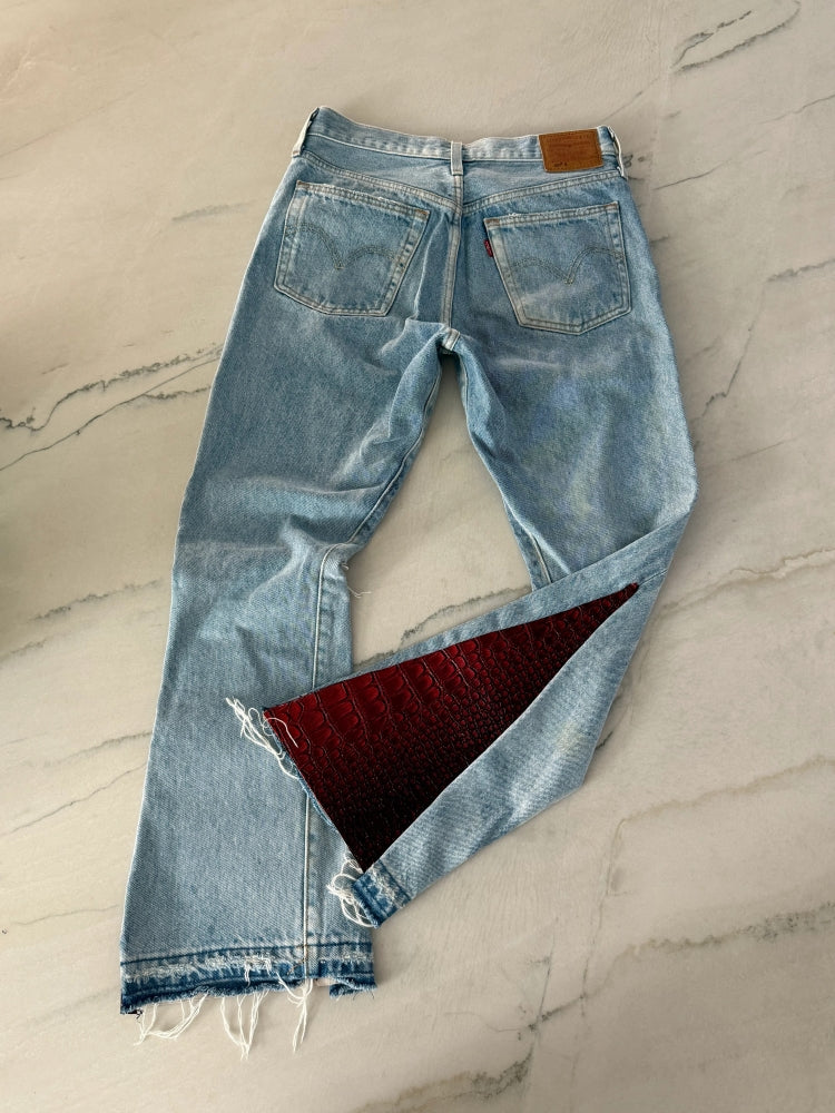 Distressed Red Croc Flare Denim Jeans