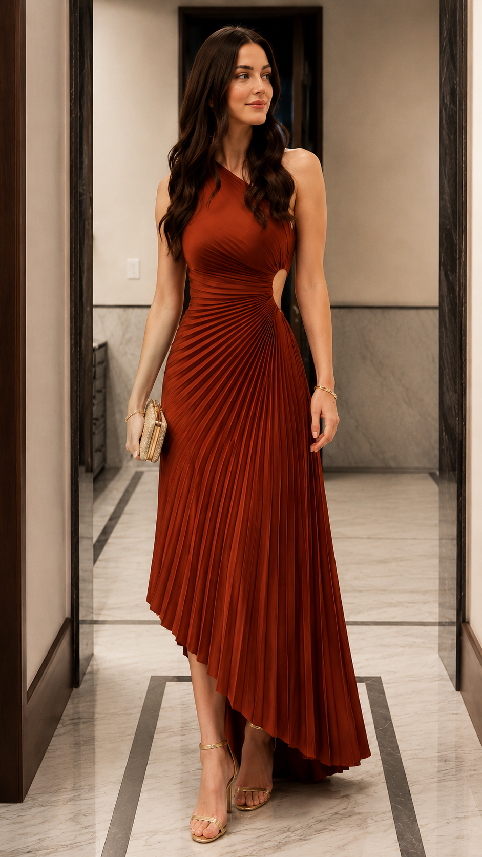 Asymmetrical Pleated Cutout Midi Evening Dress
