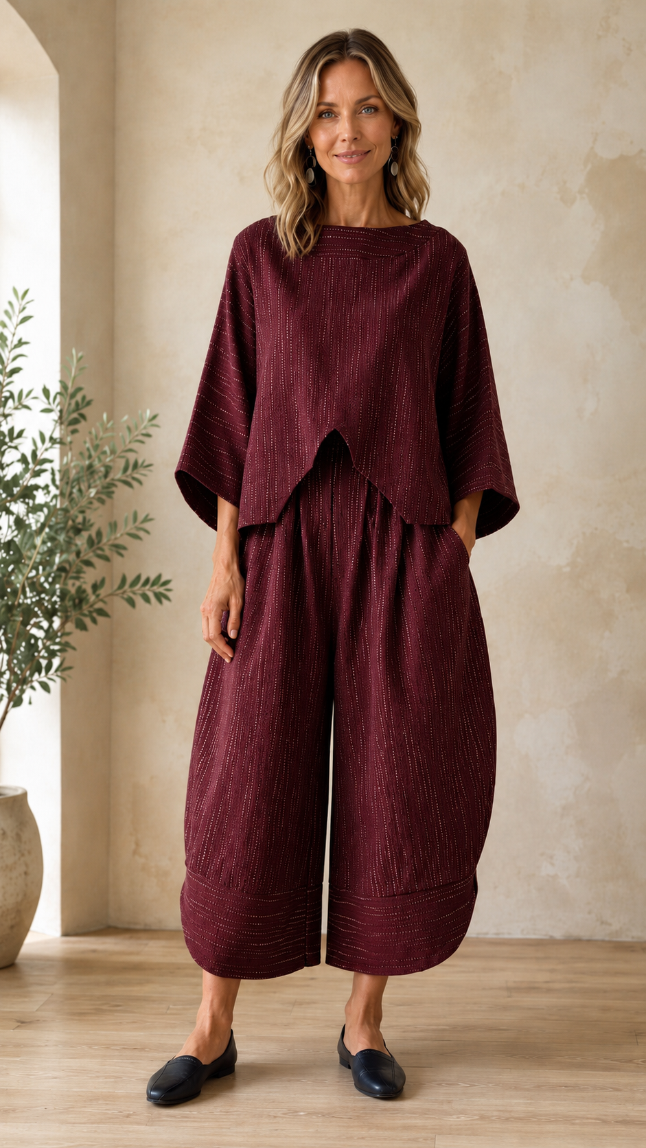 Elegant Textured Two-Piece Top & Wide-Leg Pants Set