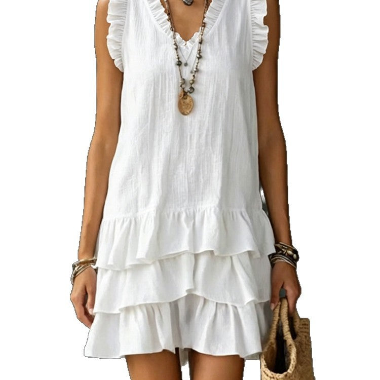 Casual V-Neck Ruffle-Trim Sleeveless Dress