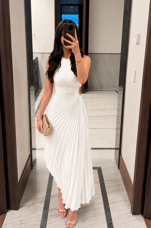 Asymmetrical Pleated Cutout Midi Evening Dress