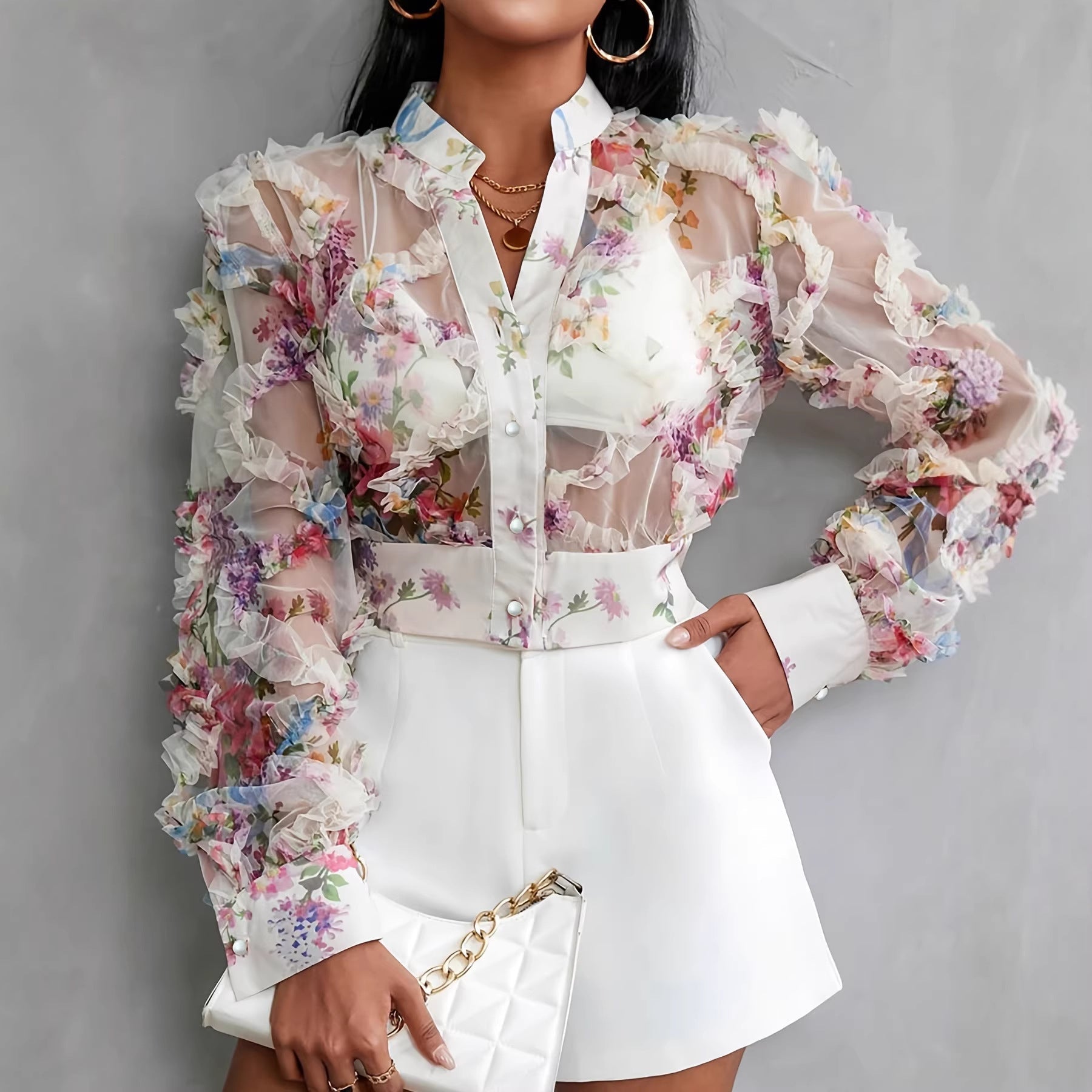 Lace Floral Chiffon Shirt Long Sleeve Ruffle-Trimmed Blouse