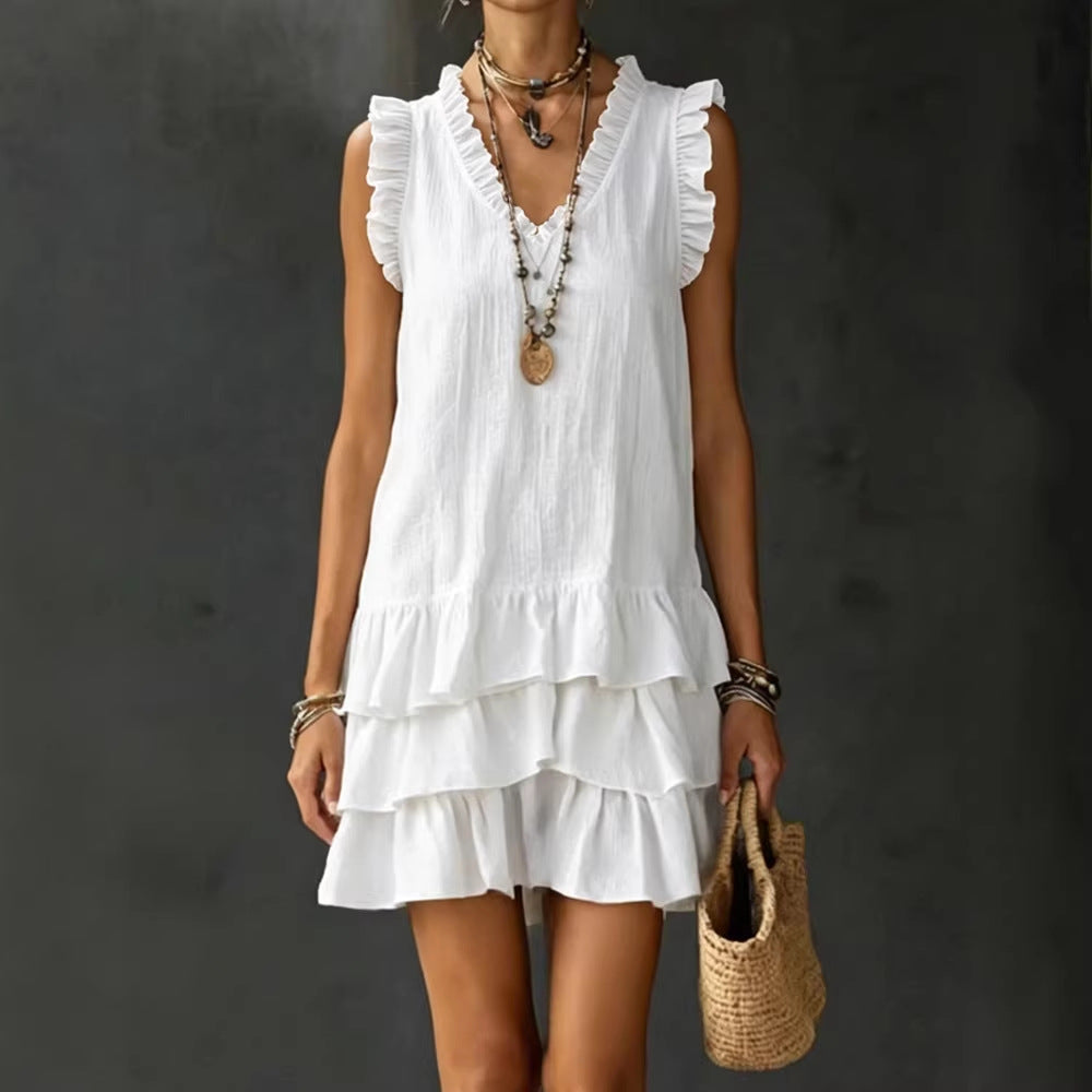 Casual V-Neck Ruffle-Trim Sleeveless Dress