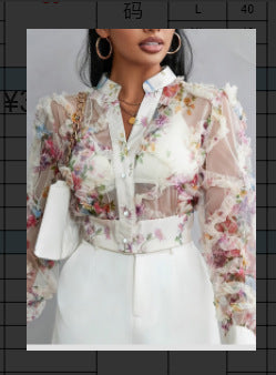 Lace Floral Chiffon Shirt Long Sleeve Ruffle-Trimmed Blouse