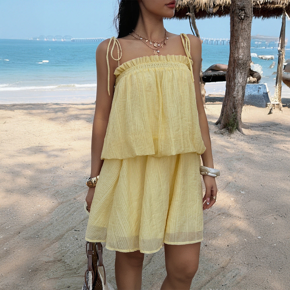 Resort-Style Casual Tie-Waist Solid-Color Set