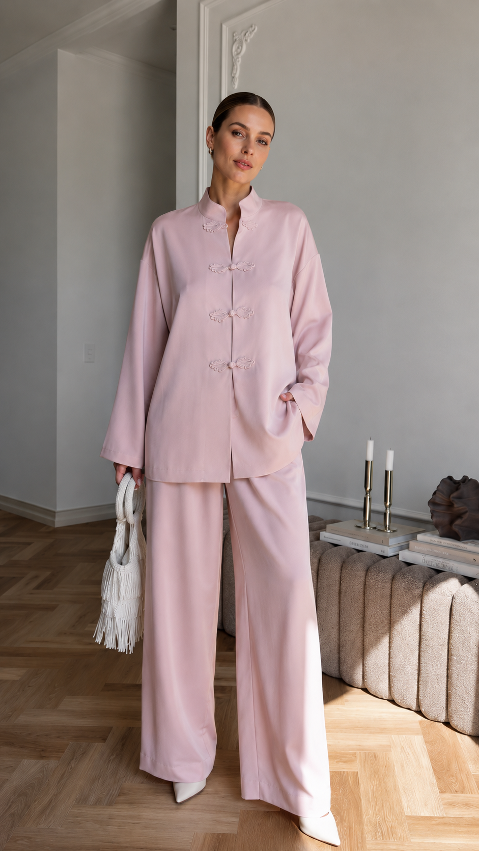 Elegant Mandarin Collar Wide-Leg Two-Piece Set