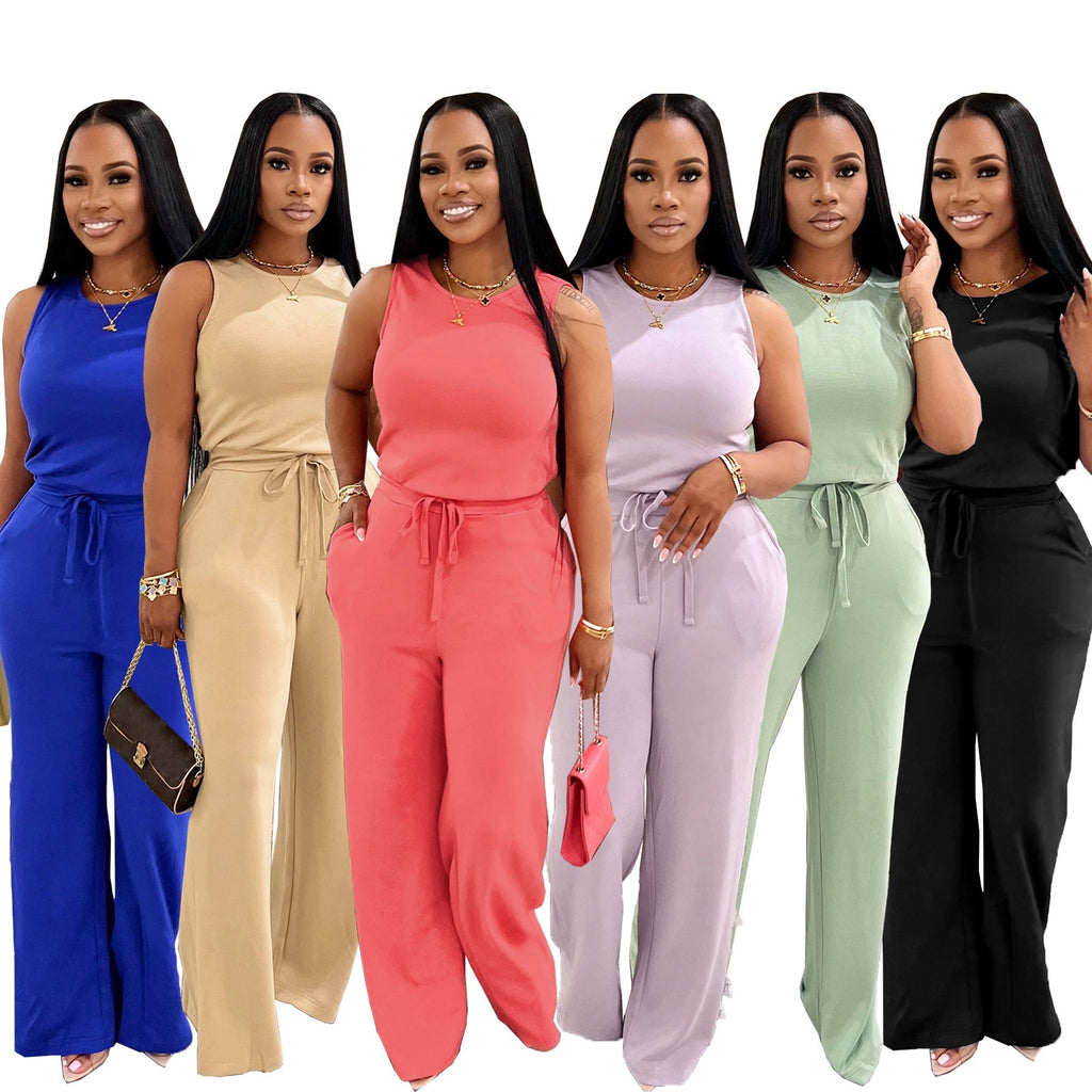 Casual Solid-Colored Lace-Up Jumpsuit