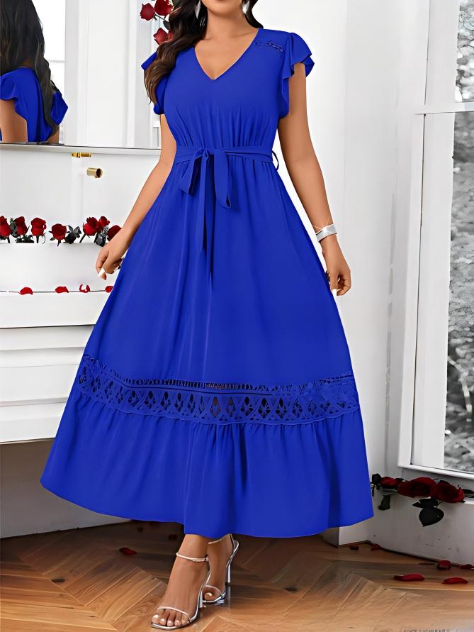 V-Neck Solid-Colored Lace-Patchwork Short-Sleeve Dress