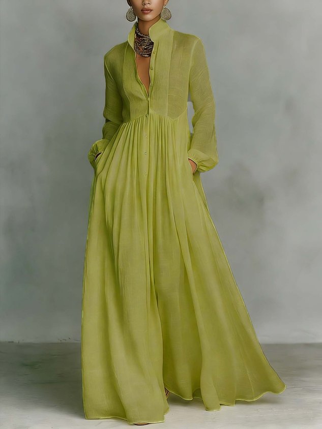 Casual Cotton Linen Maxi Dress High Waist Stand Collar Daily