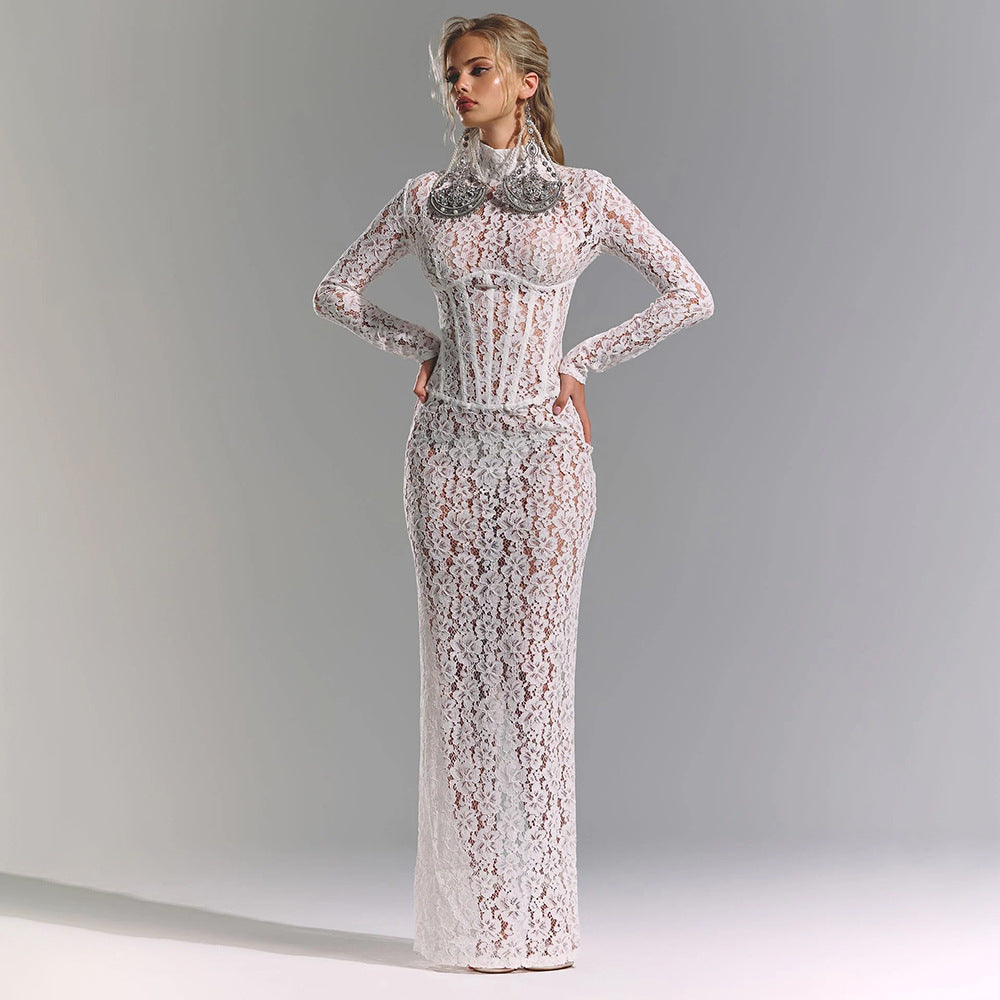 Patterned Sheer Slim-Fit Maxi Dress