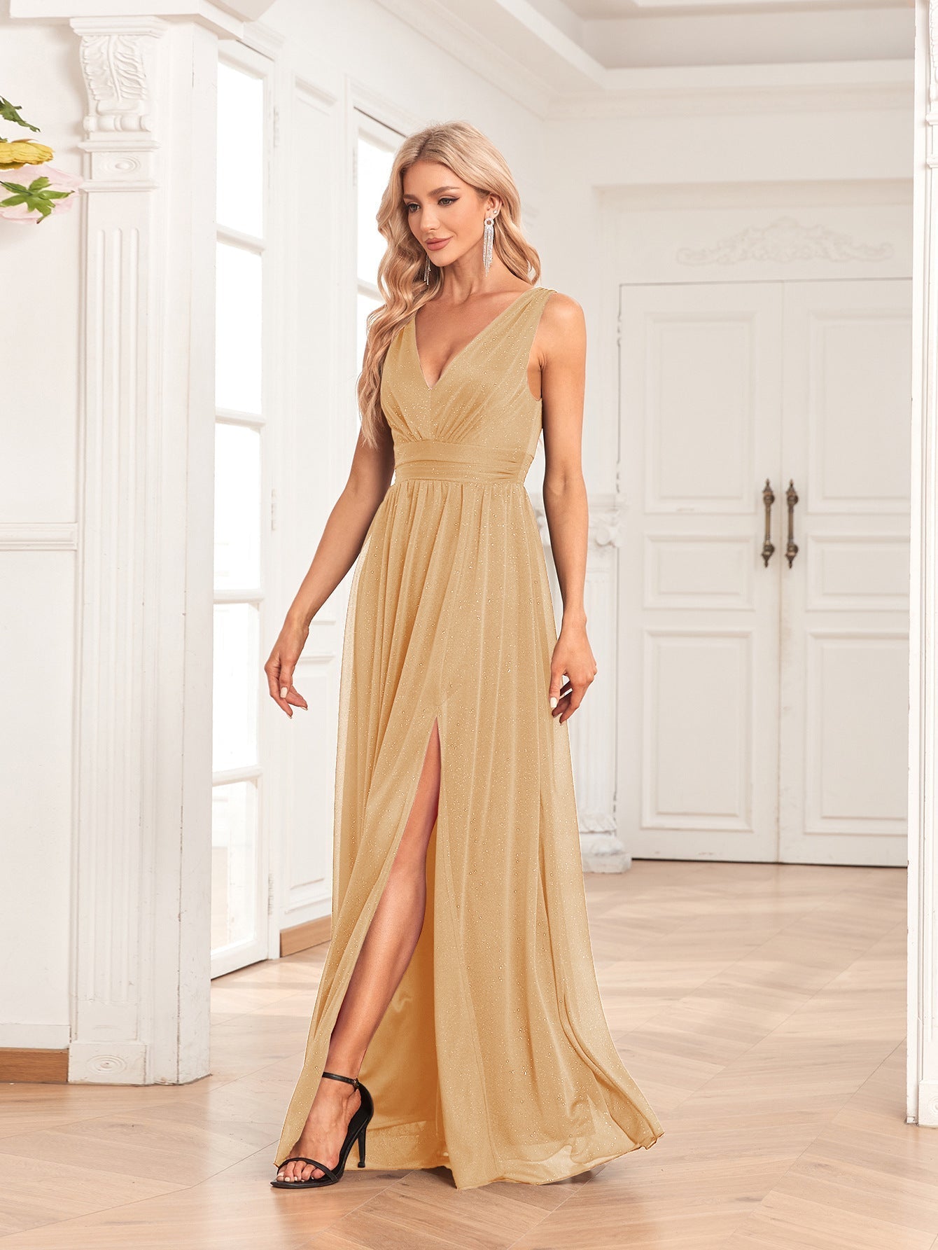 Double V-Neck A-Line Floor-Length Maxi Dress With Side Slits