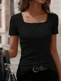 Summer Amazon Elegant Solid Color Square-Neck Short-Sleeve T-Shirts