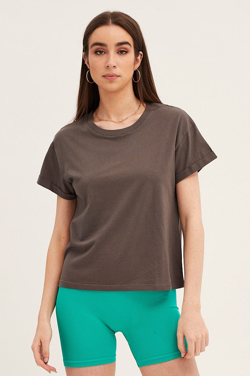Grey Roll Sleeve Crew Neck T-Shirt
