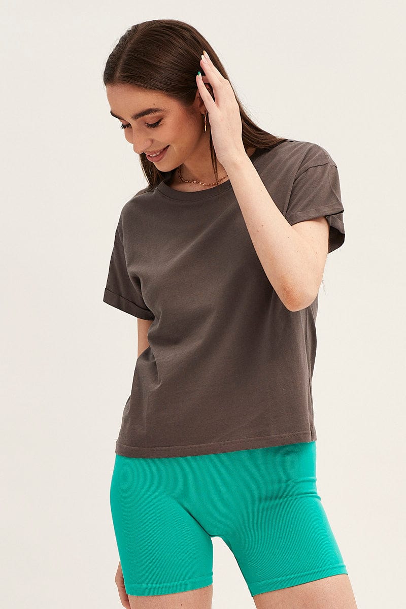 Grey Roll Sleeve Crew Neck T-Shirt