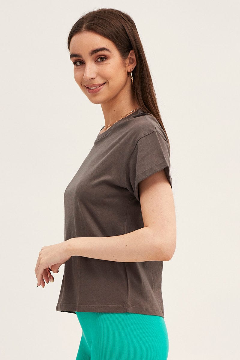 Grey Roll Sleeve Crew Neck T-Shirt