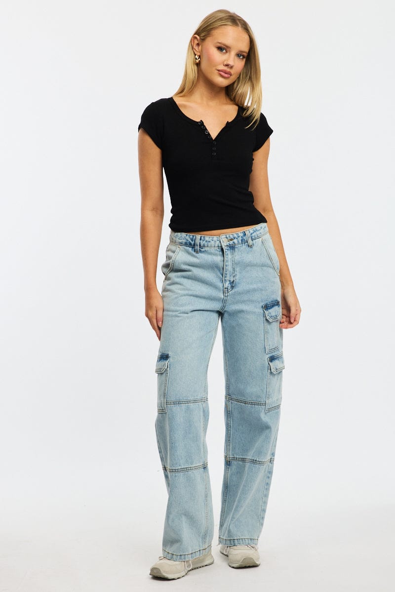 Black Button Down T-Shirt Short Sleeve Rib
