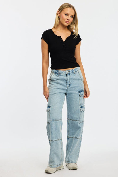 Black Button Down T-Shirt Short Sleeve Rib