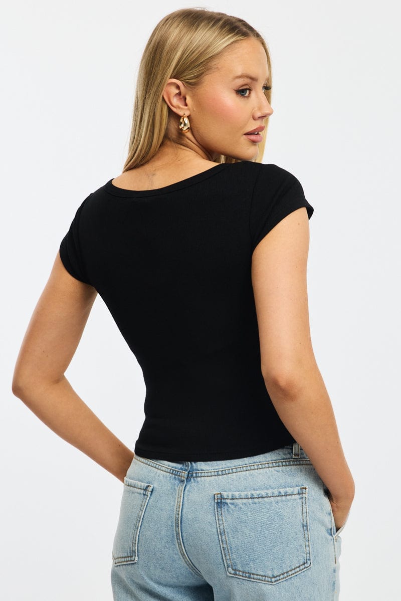 Black Button Down T-Shirt Short Sleeve Rib