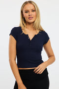 Blue Button Down T-Shirt Short Sleeve Rib