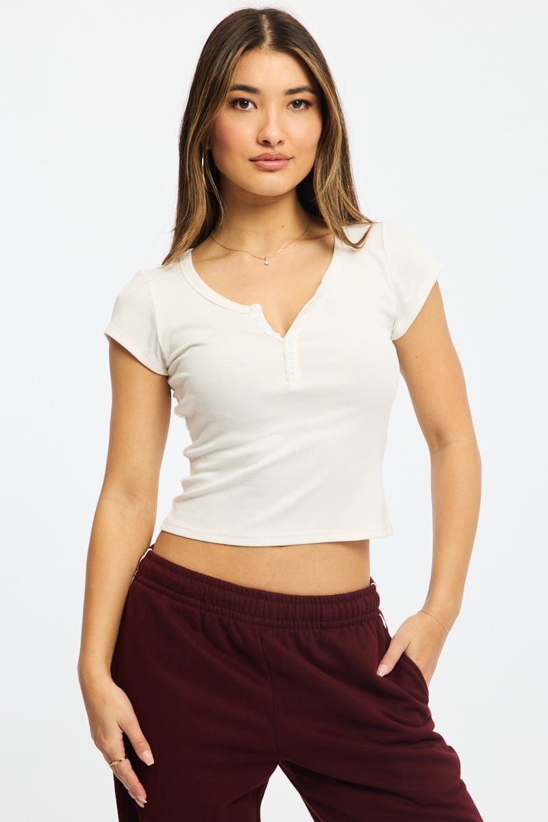 White Button Down T-Shirt Short Sleeve Rib