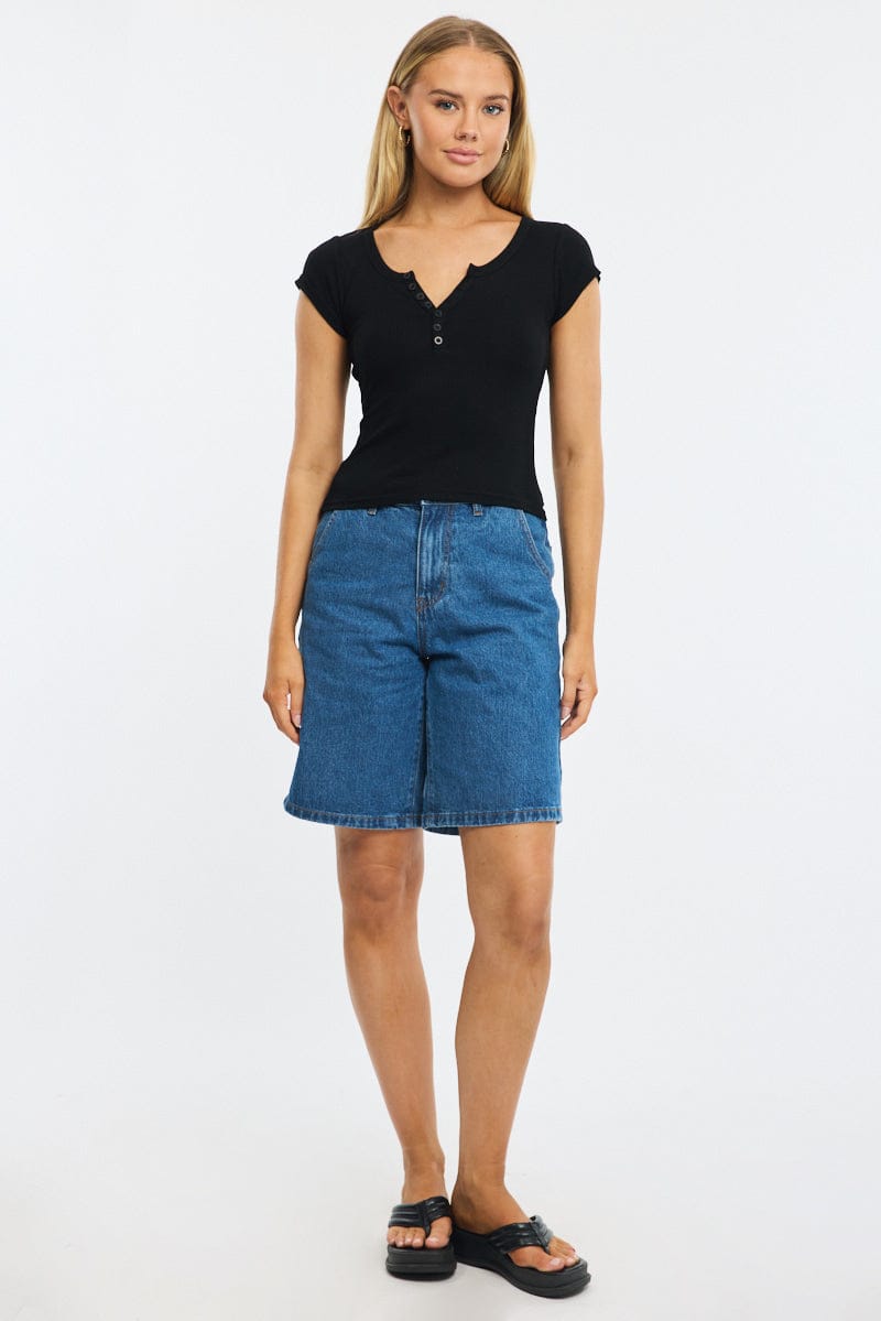 Black Button Down T-Shirt Short Sleeve Rib