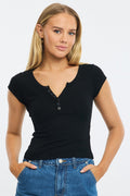 Black Button Down T-Shirt Short Sleeve Rib