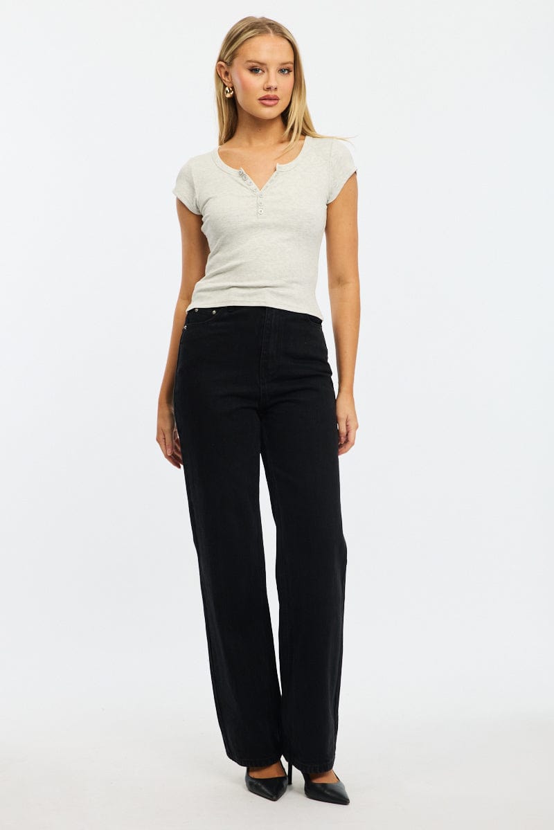 Grey Button Down T-Shirt Short Sleeve Rib