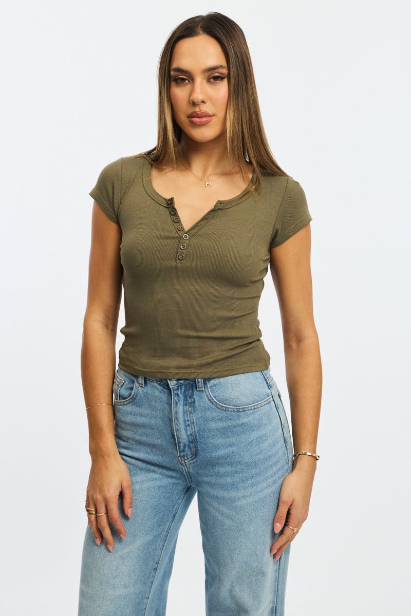 Green Button Down T-Shirt Short Sleeve Rib