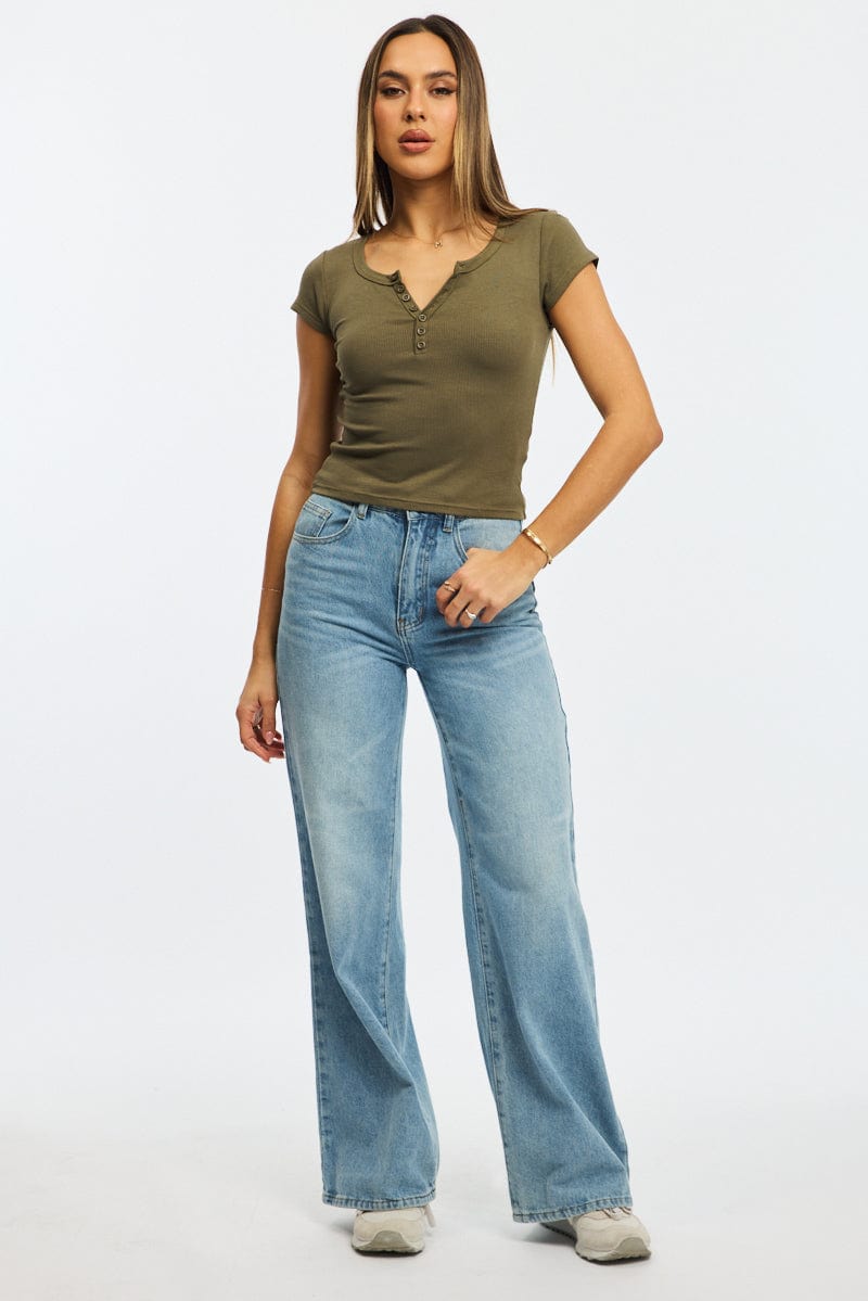 Green Button Down T-Shirt Short Sleeve Rib