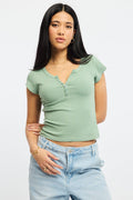Green Button Down T-Shirt Short Sleeve Rib