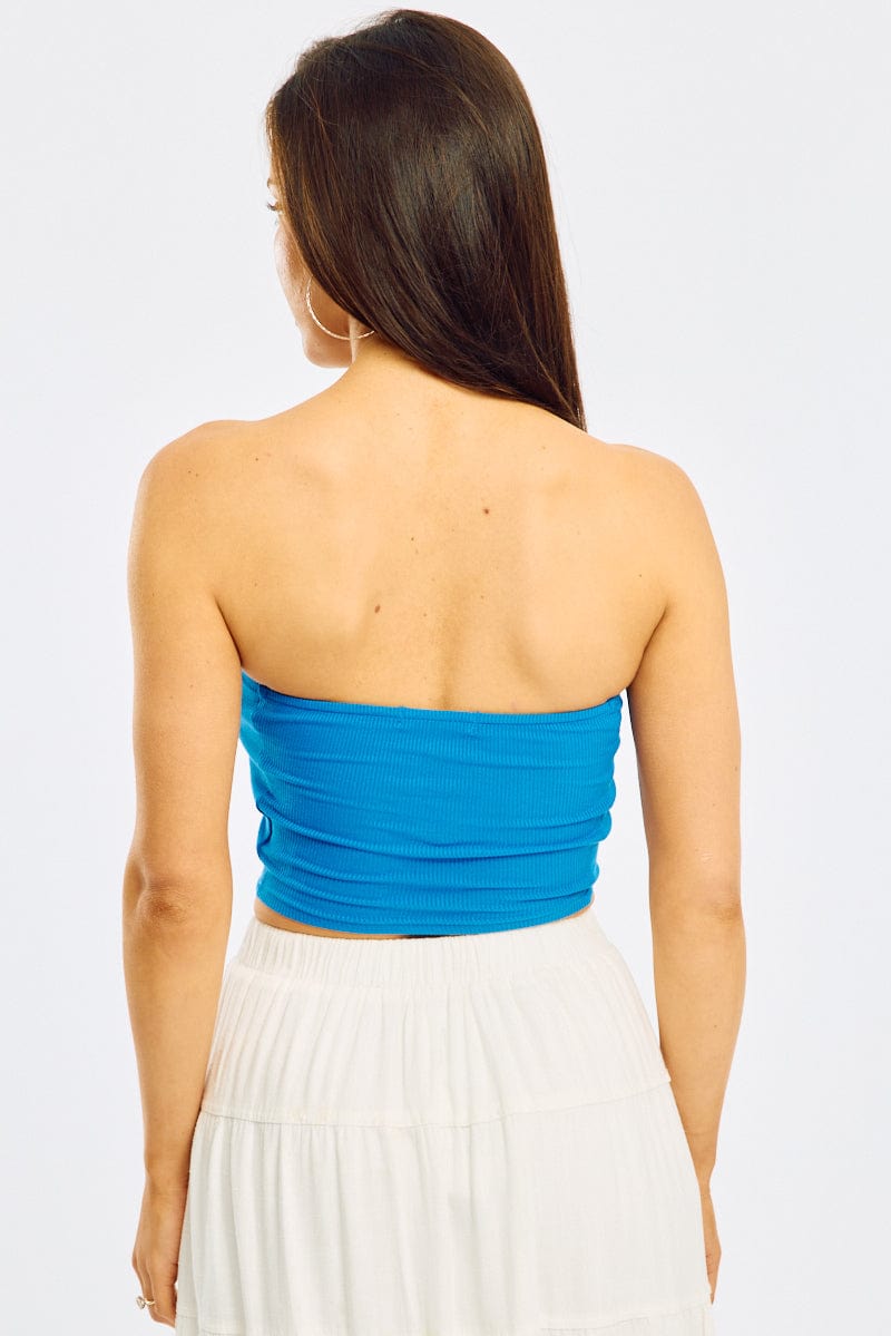 Blue Bandeau Top Sleeveless Strapless Rib