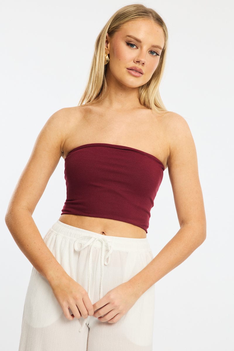 Red Bandeau Top Sleeveless Strapless Rib