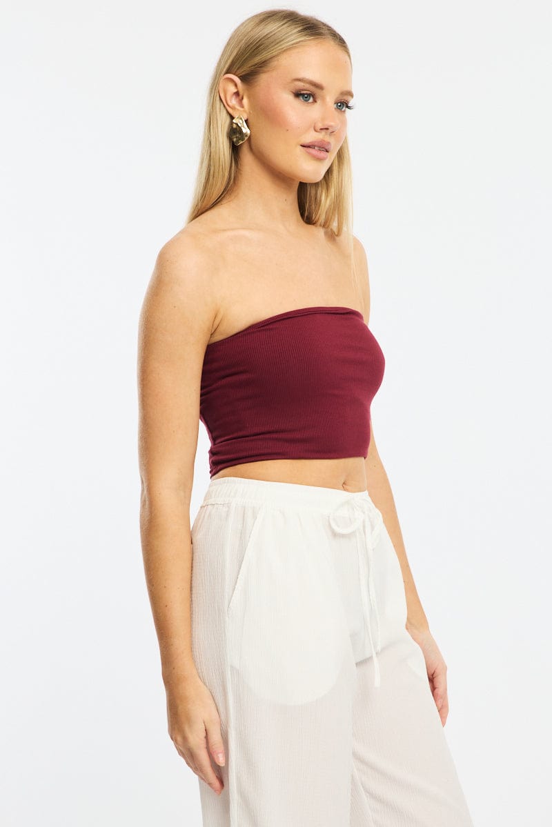 Red Bandeau Top Sleeveless Strapless Rib