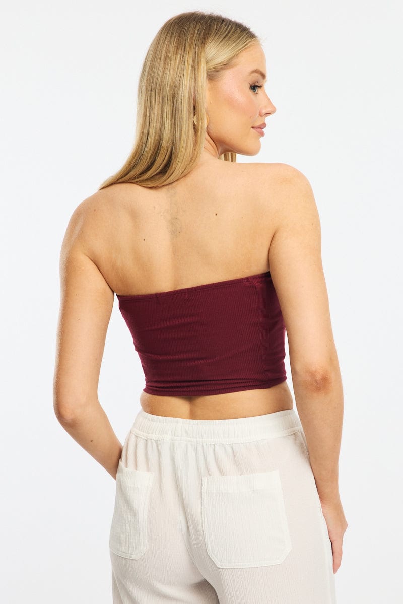 Red Bandeau Top Sleeveless Strapless Rib