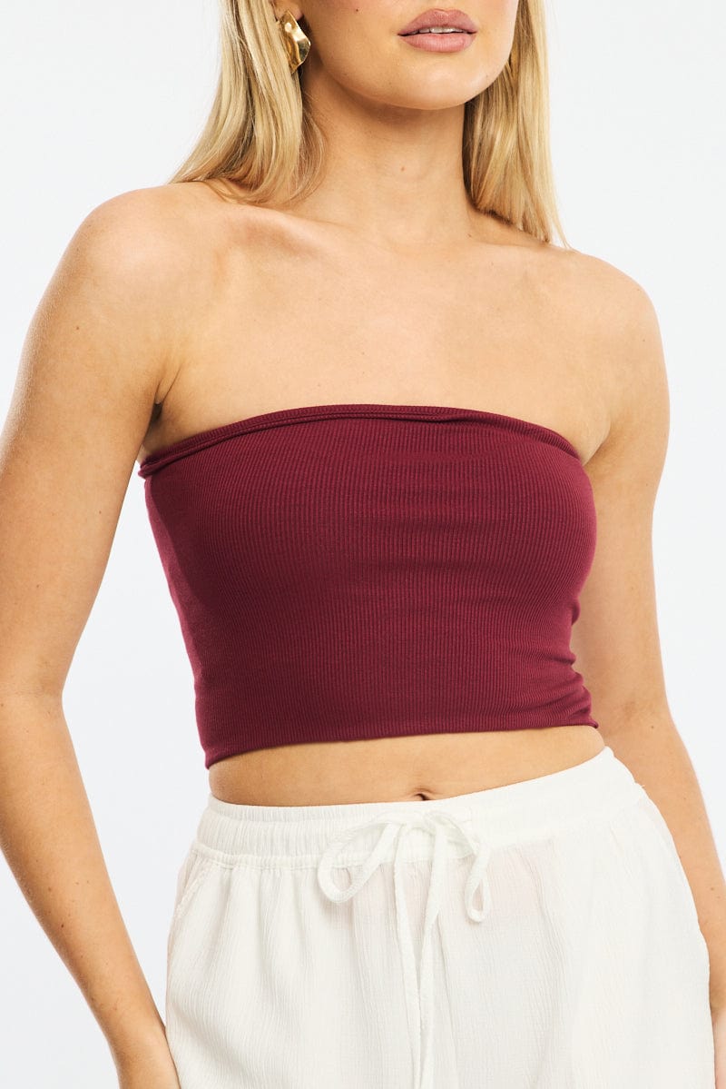 Red Bandeau Top Sleeveless Strapless Rib