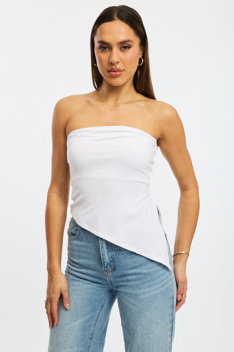 White Bandeau Top Asymmetric Hem