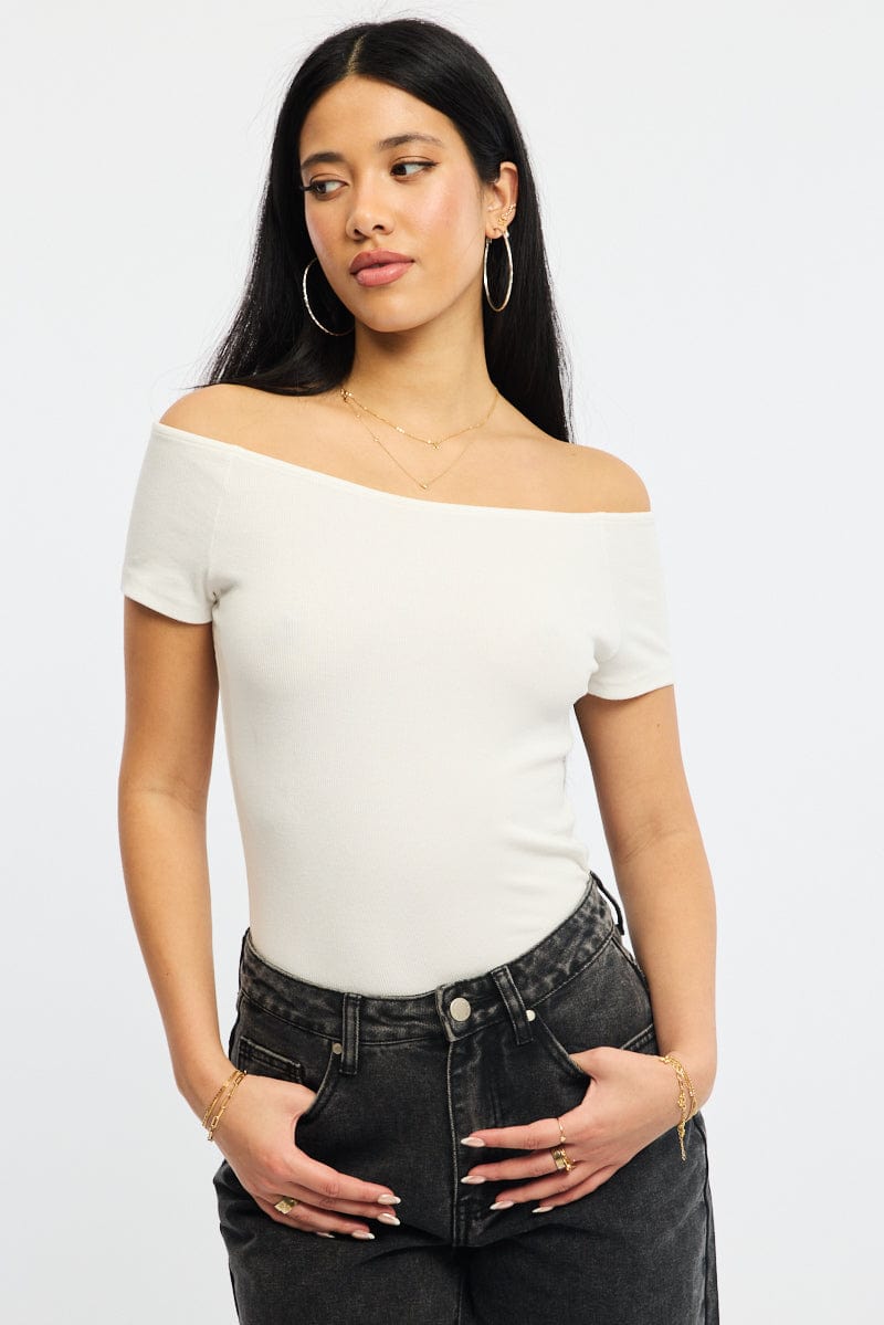 White Off Shoulder Top Rib