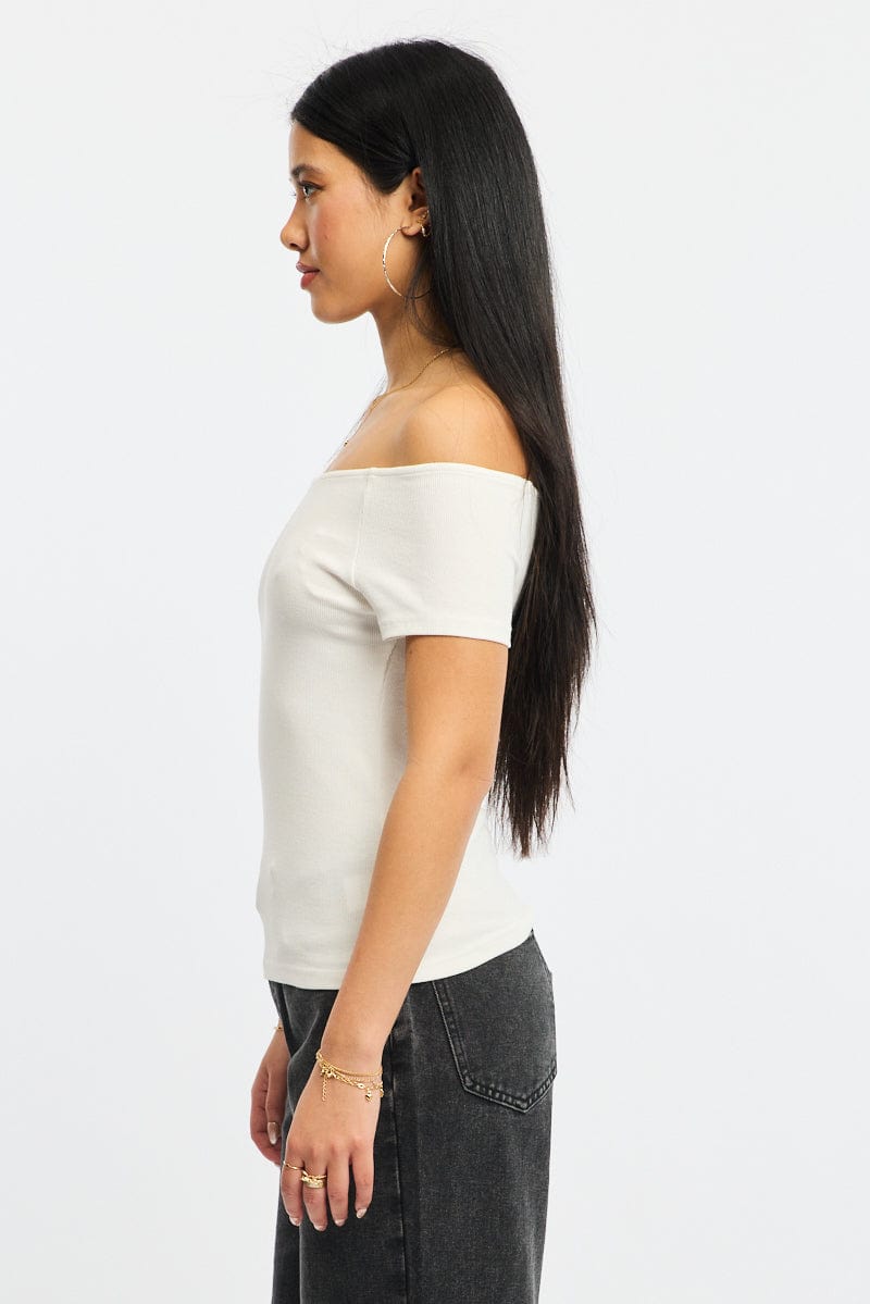 White Off Shoulder Top Rib