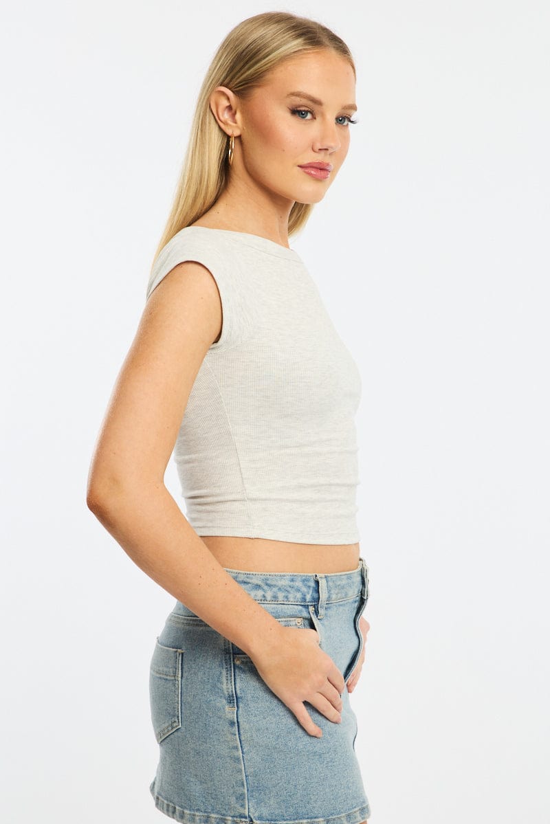 Grey Boat Neck Top Short Sleeve