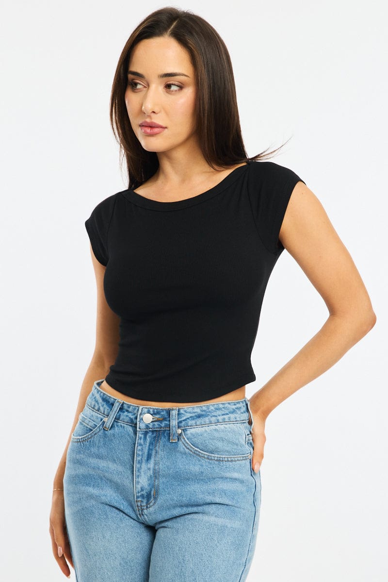 Black Boat Neck Top Short Sleeve